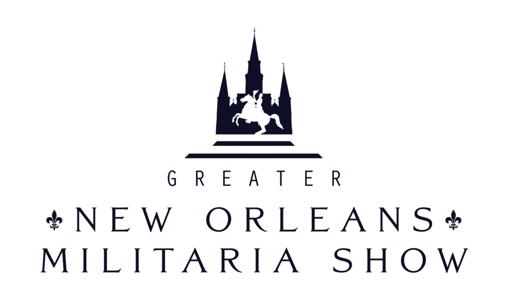 The Greater New Orleans Militaria Show Logo white with blue letters